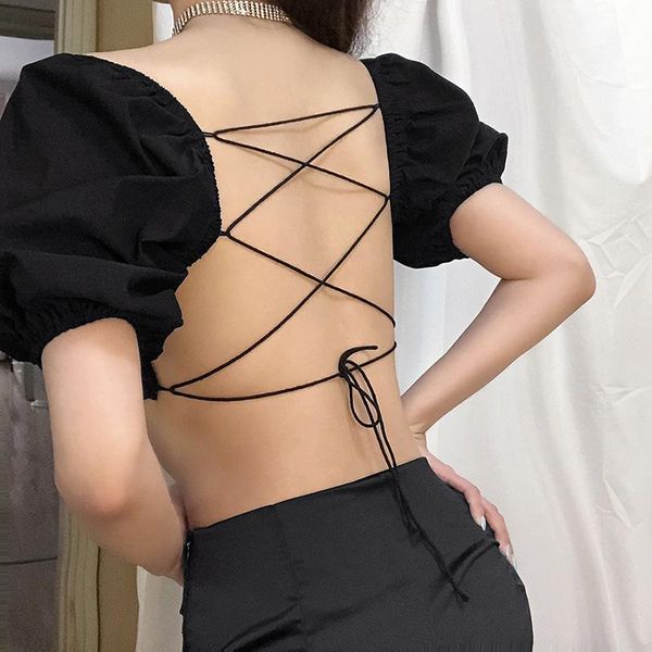 

bandage lace up backless slim crop summer 2021 women puff short sleeve square collar blouse shirts streetwear cropped women's blous, White