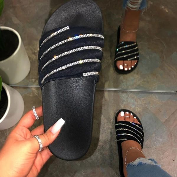 

slippers women sandals home casual female flat sequins shoes fashion beach heel slip-on rhinestone summer 2021, Black
