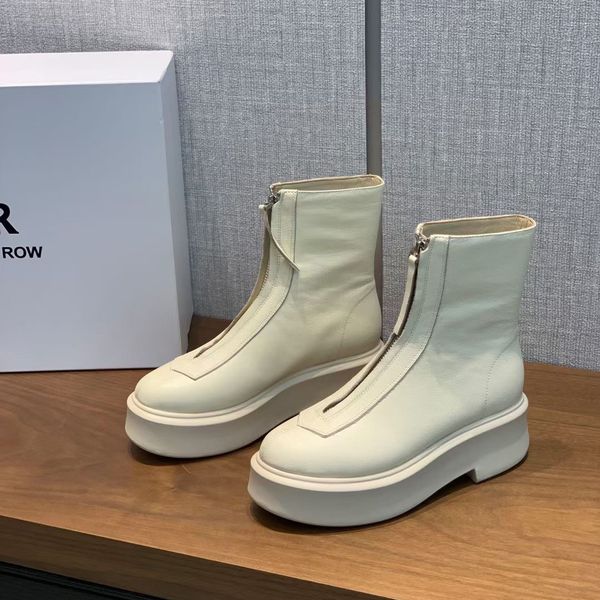 

white the row smooth leather ankle chelsea boots platform zip slip-on round toe block heels flat wedges booties chunky boot luxury designer, Black