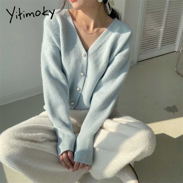 Yitimoky Strickjacke Frauen Pullover Herbst Winter Koreanische Mode Blau V-ausschnitt Gestrickte Dame Kleidung Feste Beiläufige Rosa Warme Lose Mantel 211103