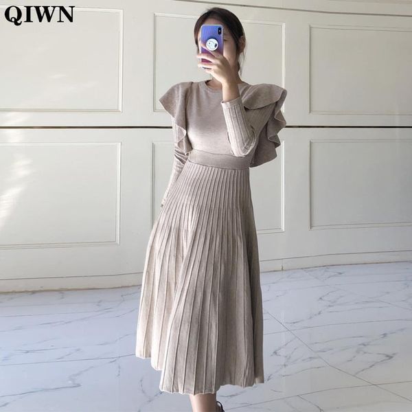 

one piece dress women 2021 autumn office korean slim a line sweater elegant high waist ladies ruffle knit dresses casual, Black;gray