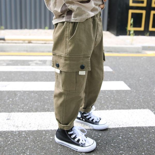 

trousers spring autumn children boys 2021 brand solid color elastic high waist pants kids clothing casual pockets cargo c39, Blue