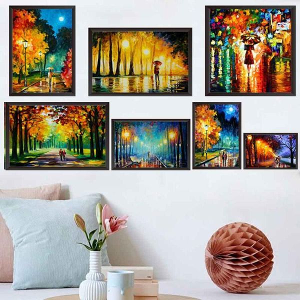 

landscape oil painting rain light street scenery lovers art canvas living room corridor office home decoration mural paintings