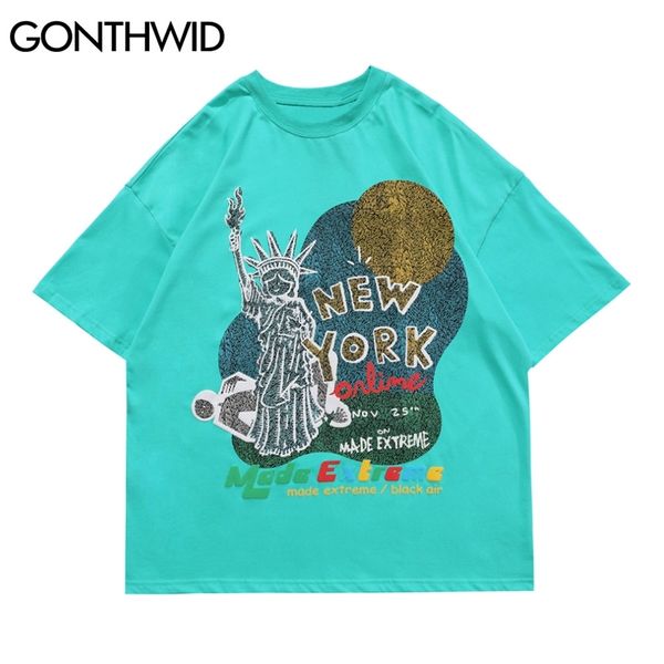 T-shirt streetwear divertente statua della libertà manica corta oversize magliette da uomo hip hop harajuku casual cotone magliette top 210602