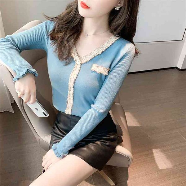 

autumn korean women fashion v-neck stretch slim simple blue temperament sweater casual versatile 210527, White