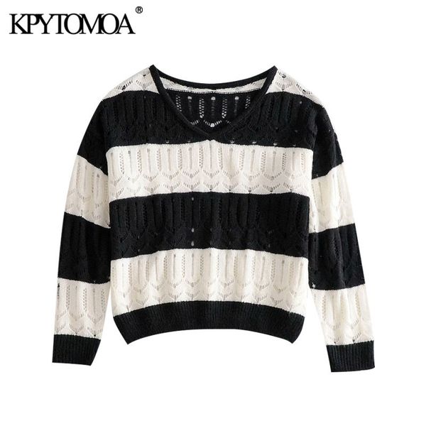 

women fashion hollow out striped knitted sweater vintage v neck long sleeve loose female pullovers chic 210416, White;black