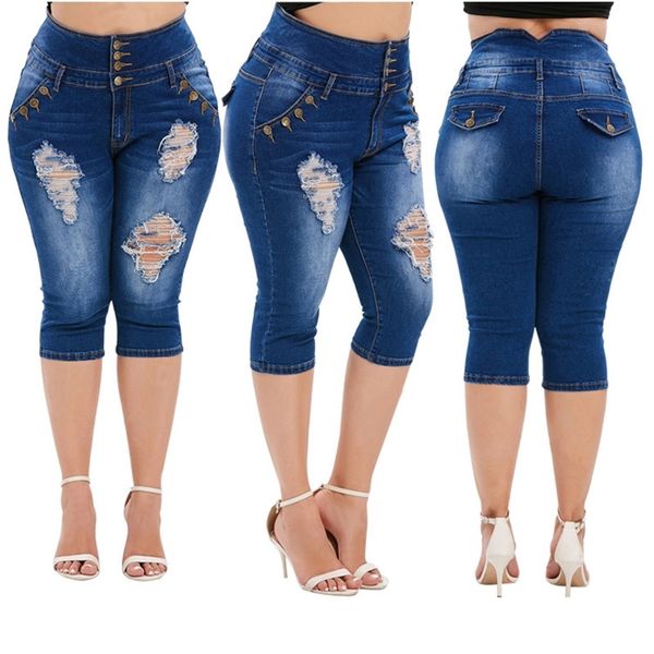 

70% off outlet online summer woman ripped jeans high waist skinny denim knee length pants plus size clothing l-5xl arrival, Blue