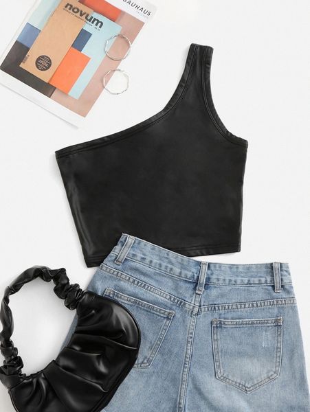 

one shoulder crop pu leather x4eg#, White