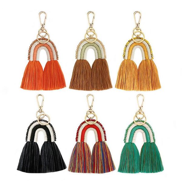 

keychains 1pcs weaving rainbow tassel keychain boho handmade key holder keyring macrame bag charm car hanging jewelry accessories gifts, Silver