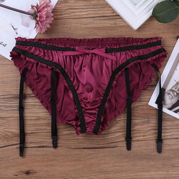 

iefiel mens lingerie shiny stretchy satin ruffled sissy briefs jockstraps underwear gay male panties with plastic garters, Black;white