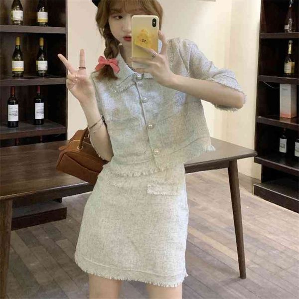 

vetement femme vintage tweed 2 piece set women crop short jacket coat + mini skirt female two suits 210514, White