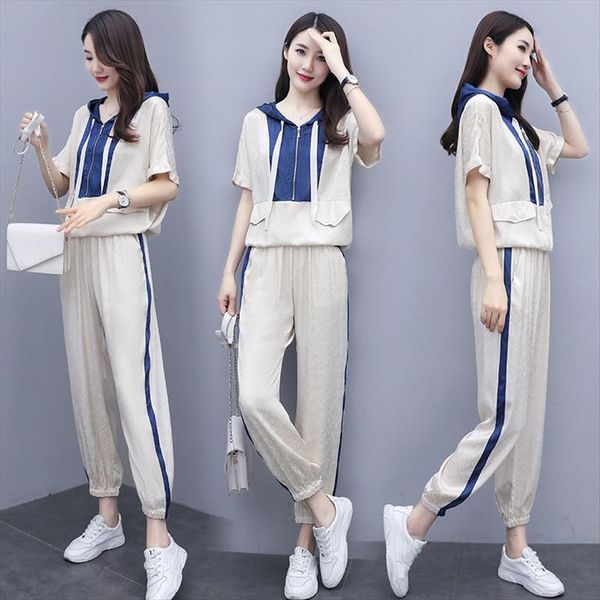 

casual plus size print womenpant tracksuit summer thin hooded short sleeve pullover ankle length suit 2 piece sets, White