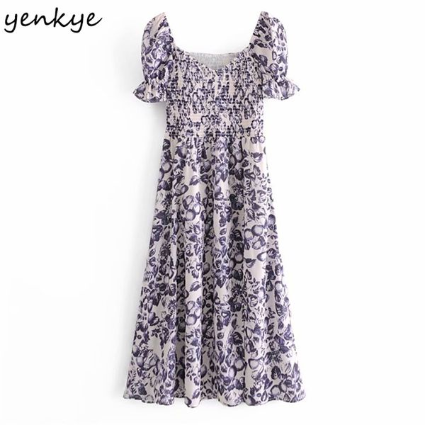 

fashion women vintage floral print hem slits dresses female v neck short sleeve a-line midi elegant summer dress party robe 210514, Black;gray