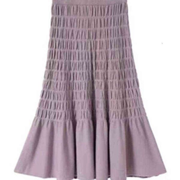 

skirt 2021 a-line autumn and winter wrinkle pure color fresh sweet knitting long splicing korean half length, Black;gray