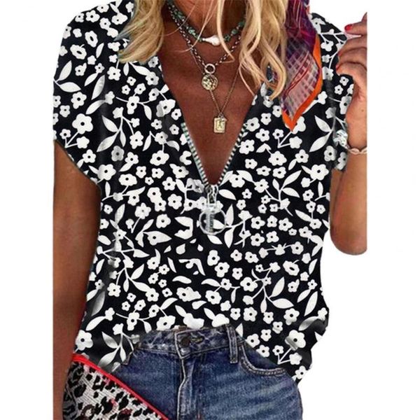 

women's blouses & shirts blouse women 2021 summer short sleeve v neck comfy floral print zipper casual shirt pullover black xxxl, White