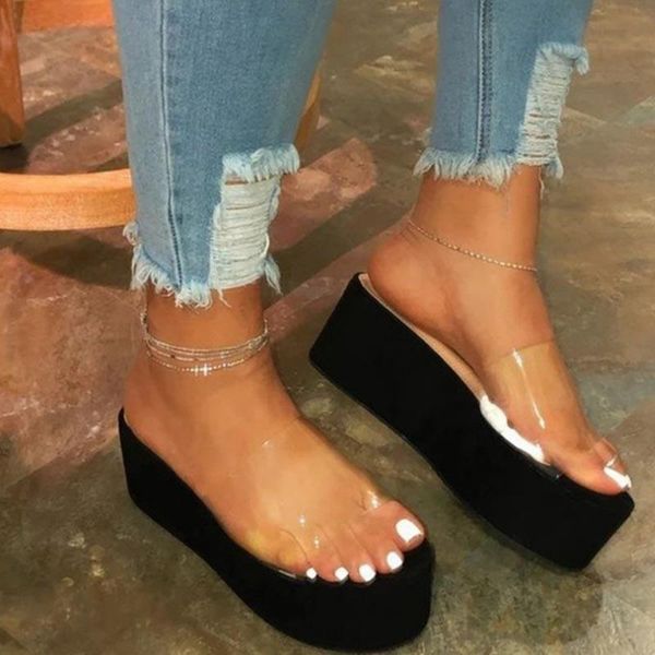 

women shoes transparent platform sandals chunky thick bottom summer night club for plus size, Black