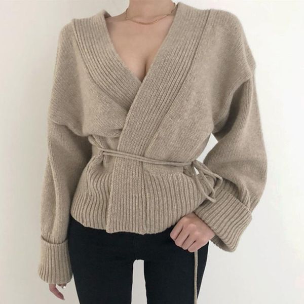 

women's knits & tees [ewq] korea chic coffee knitted cardigan autumn 2021 v-neck loose lace up waist long sleeve sweater coat fashion, White