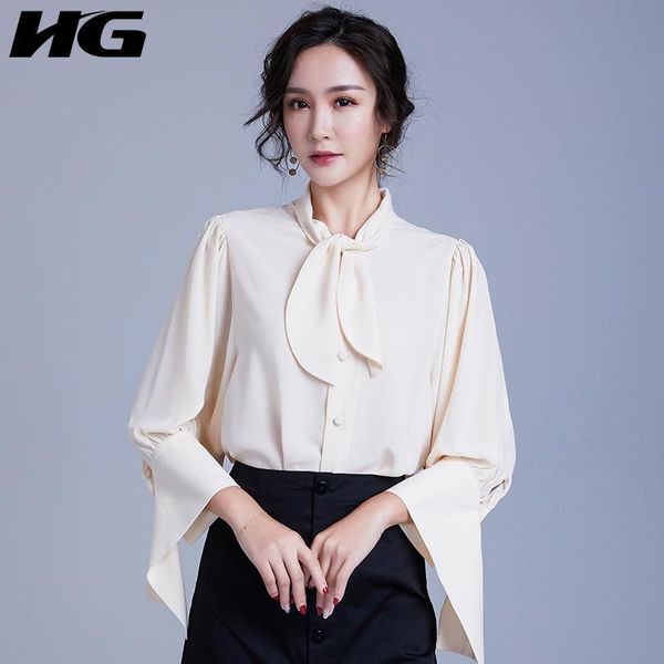 

women's blouses & shirts [hg] women 2021 spring summer europe fashion nine quarter sleeve bow collar loose solid color irregular casual, White