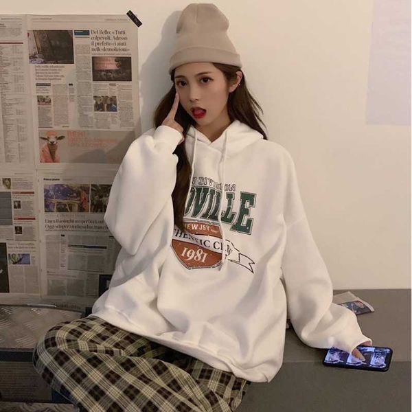 

autumn and winter women hoodies warm loose design long-sleeved plus velvet fashion hooded print casual pullovers female women's & sweat, Black