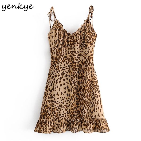 

vintage leopard print sling dress women v neck sleeveless a-line mini female summer chiffon robe 210514, Black;gray