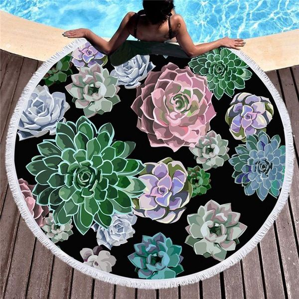 Toalhas flores impressas Microfiber Beach para adulto yoga tapete tassel grande rodada de algodão tapeçaria casa decoração cobertores