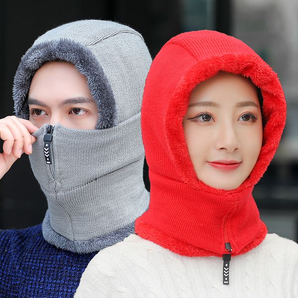 

winter fur ear muffs cap mask set hooded knitted cashmere neck warm russia outdoor ski windproof hat thick plush fluffy beanies, Blue;gray