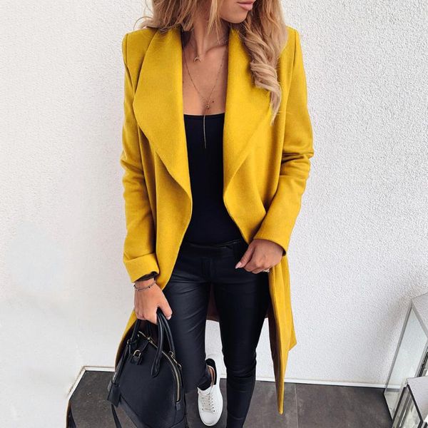 

women's wool & blends elegant women long coat belt solid color sleeve autumn turn-down collar winter overcoat ol large ladies wools, Black