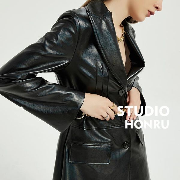 

women's leather & faux autumn suit jacket female chain belt imitation sheep slim fashion simple coat for women, Black