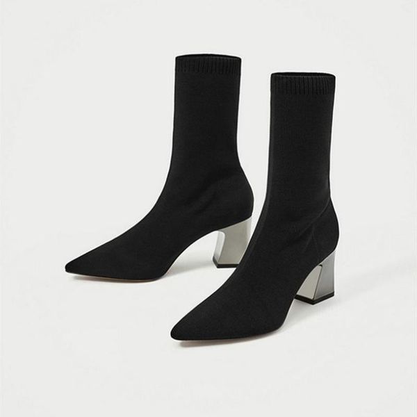 

boots shoes for women 2021 autumn winter comfortable elegant temperament office lady all-match point toe elastic high heel knitted, Black