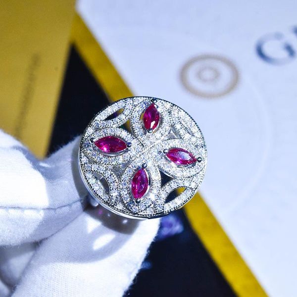

luxury s925 hollow round rings vintage flower full inlay shiny zircon geometry design fine jewelry for women wedding anniversary, Slivery;golden