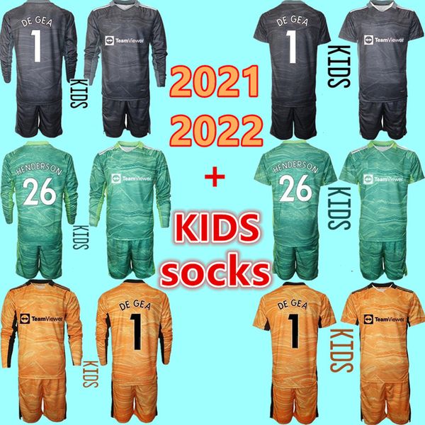 

New 21 22 children GK 1 DE GEA Soccer Jerseys 26 HENDERSON long sleeves kids kit soccers shirt 2021 2022 Goalkeeper boys youth Football uniforms, Black