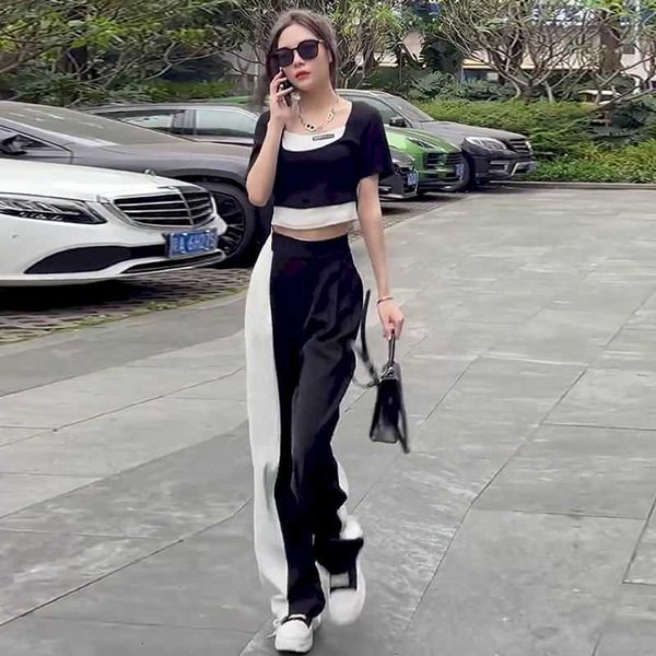 

women's t-shirt summer womens suit fashion fake two-piece short-sleeved t-shirt and casual wide-leg pants two piece set clothing w, White