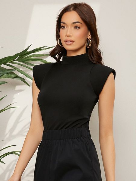 

solid padded shoulder mock neck tank 86jf#, White