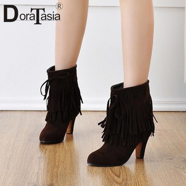 

boots doratasia retro girl fringe round toe ankle winter designer fashion women butterfly knot casual daily shoes woman, Black