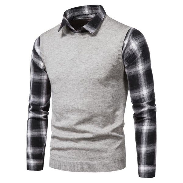 

men's sweaters black mens color block plaid print fake two piece sweater polos autumn and winter, White;black
