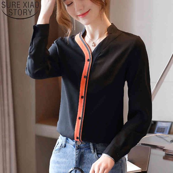 

v-neck chiffon blouse fashion women long sleeve shirts and blouses cardigan shirt office lady blusas 10889 210417, White