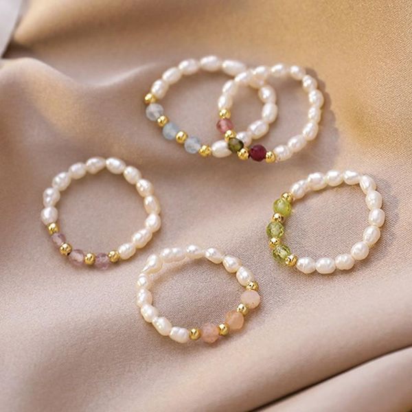 

cluster rings energy crystal tourmalines quartz finger small pearls beaded knuckle elegant natural freshwater pearl women, Golden;silver