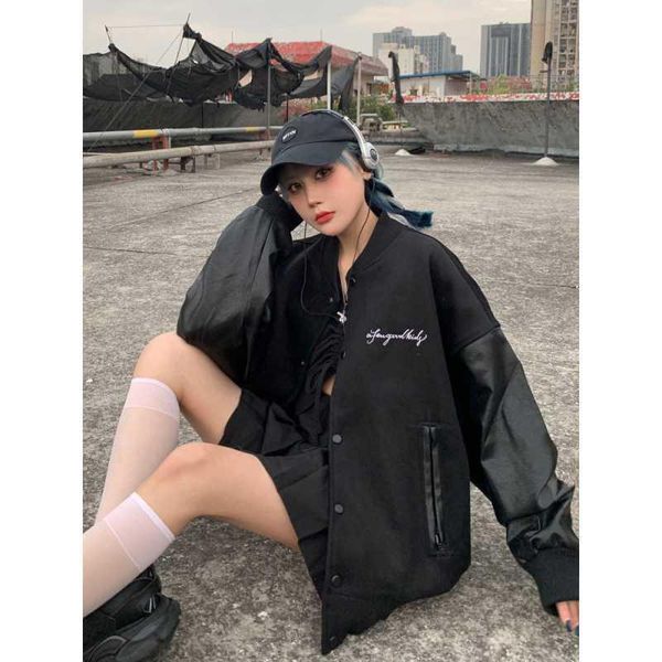 

vibe hip hop masiwei same drill leather sleeve splicing baseball jacket women's fashion couple's wear jackets, Black;brown