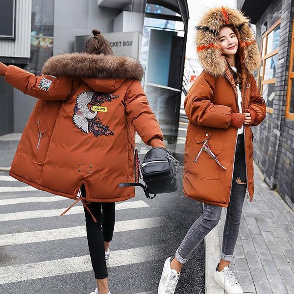 

women's down & parkas dress woman medium and long hair collar cotton coat large korean version of students loose thickened padded jacke, Black
