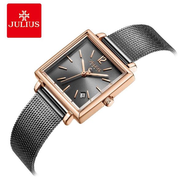

wristwatches julius watch gray stainless steel with calendar mesh band fashion women's square whatch drop ja-1083, Slivery;brown