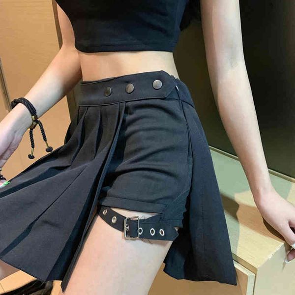 

gothic harajuku pleated skirts women with leg ring black high waist short skirt summer punk casual mini skirt punk