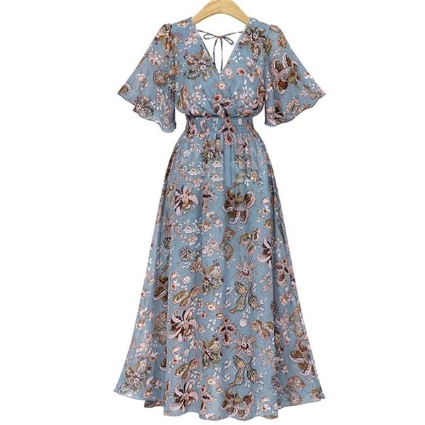 

s-4xlfashion dress summer style printed v-neck chiffon long women plus size womens formal es 210520, Black;gray