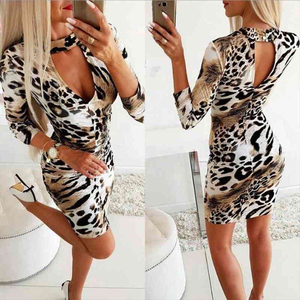 

leopard print bodycon womens dresses v-neck backless mini party elegant long sleeve slim vestidos, Black;gray