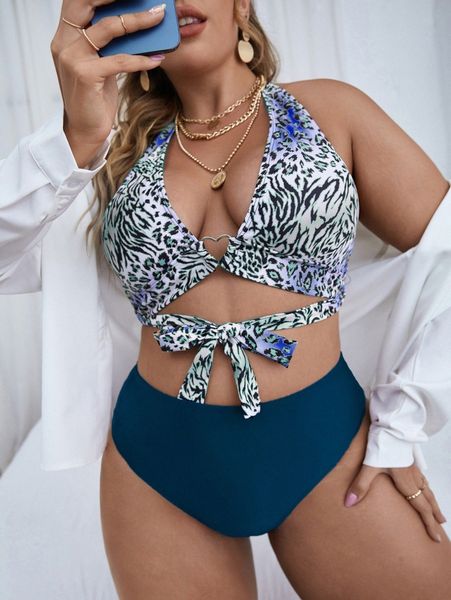 

plus random print ring linked halter bikini swimsuit i57l#, Black