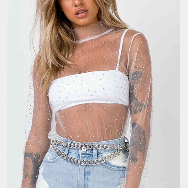 

roupas feminina women mesh sheer t shirt transparent turtleneck see through clothes summer female costume new 210412, White