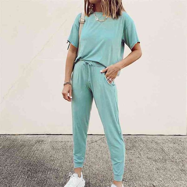 

two piece suit summer casual home suit female o-neck vintage elastic waist women two outfits womens sweatsuit 210508, White