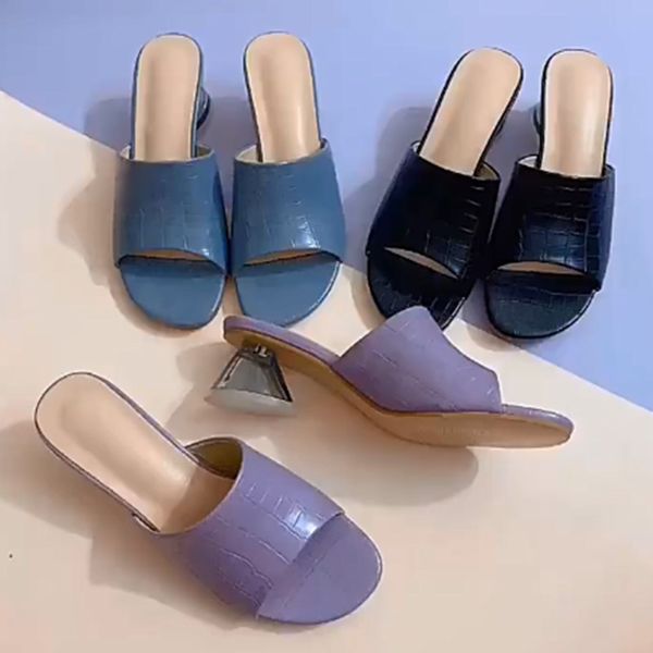 

2021 women plus size slippers scuffs & club indoor office dress shoes sheer crystal cone heels solid soft leather square toes stone grain go, Black