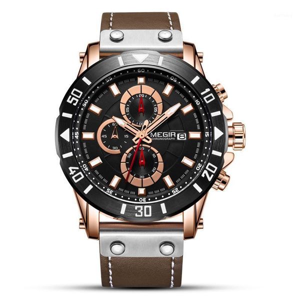 

wristwatches megir 2081 mens watches chronograph clock leather waterproof casual sports watch luxury business quartz men, Slivery;brown