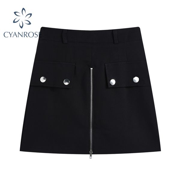 Black Streetwear Женская юбка с высокой талией на молнии карманные мини-обертки юбки женские партии клуб бар элегантная сексуальная одежда 210417