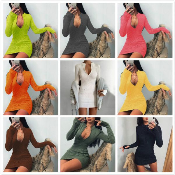 

casual dresses women dress designer slim solid colour autumn winter trend new long sleeve versatile neckline zipper wrap hip, Black;gray